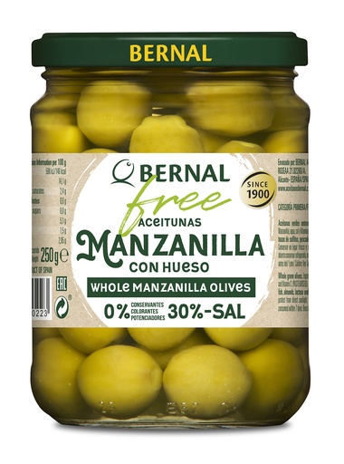BERNAL free - Whole Manzanilla Olives, 445 ml glass