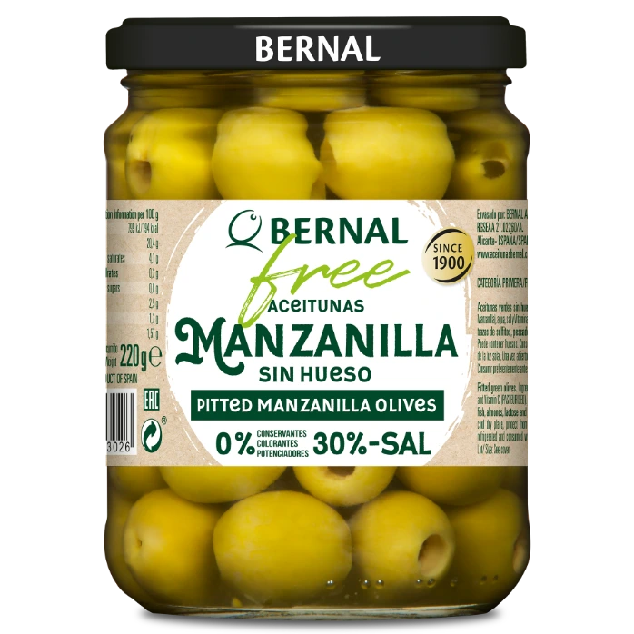 Pitted Manzanilla Olives, Bernal Free, 445ml