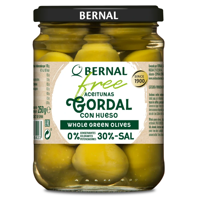 Aceitunas Gordal con Hueso, Bernal Free, 445ml