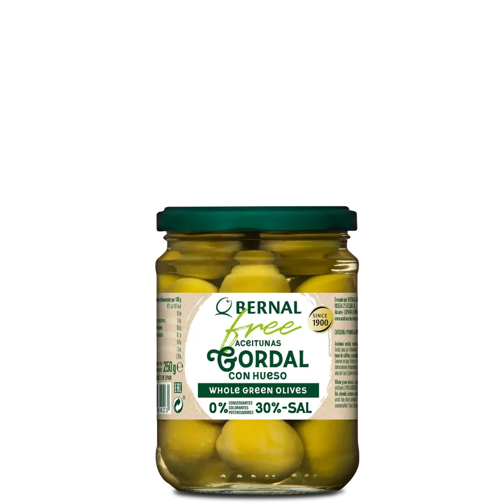Aceitunas Gordal con Hueso, Bernal Free, 445ml