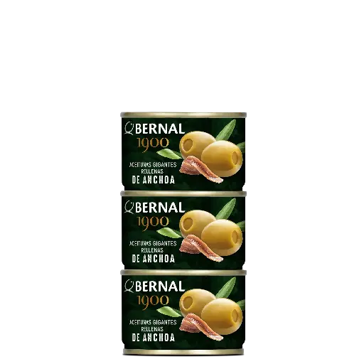 [B017-1/8] Aceitunas Gigantes Rellenas de Anchoa, Bernal Original, 125ml x3